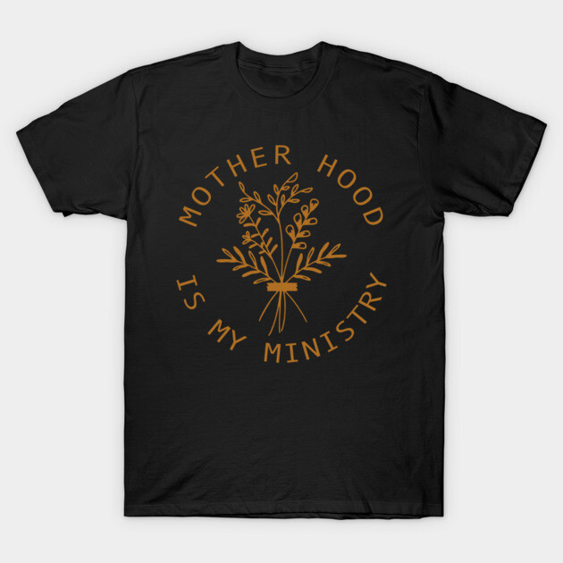 Black T-shirt with "Motherhood is My Ministry" text and floral design, casual wear, cotton material.
