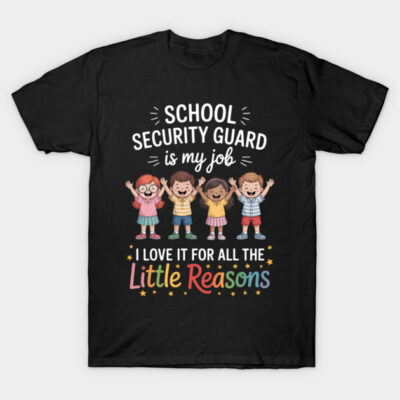 Black t-shirt with "School Security Guard" design, featuring colorful text and cartoon children, ideal for casual wear.