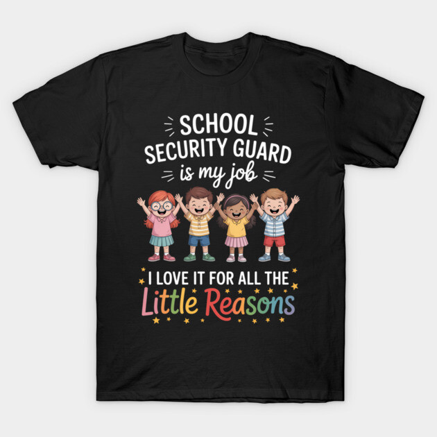 Black t-shirt with "School Security Guard" design, featuring colorful text and cartoon children, ideal for casual wear.