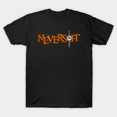 Black cotton t-shirt with bold orange "Neversoft" graphic, casual style, perfect for everyday wear.