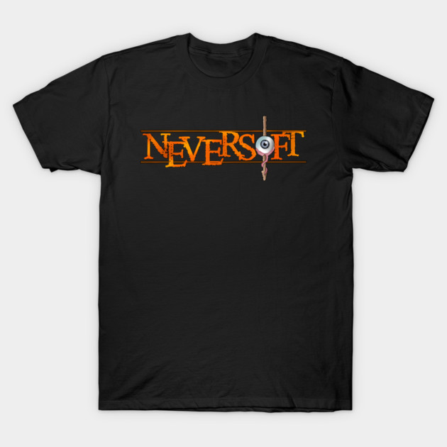 Black cotton t-shirt with bold orange "Neversoft" graphic, casual style, perfect for everyday wear.