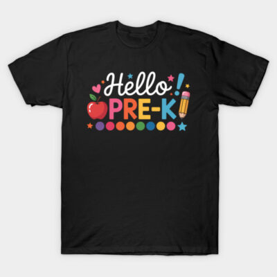 Black "Hello Pre-K" t-shirt with colorful text and school-themed graphics, ideal for preschoolers, cotton material.