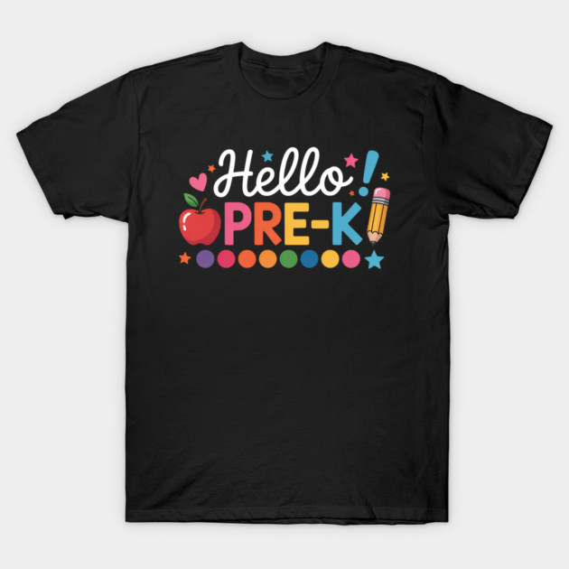 Black "Hello Pre-K" t-shirt with colorful text and school-themed graphics, ideal for preschoolers, cotton material.