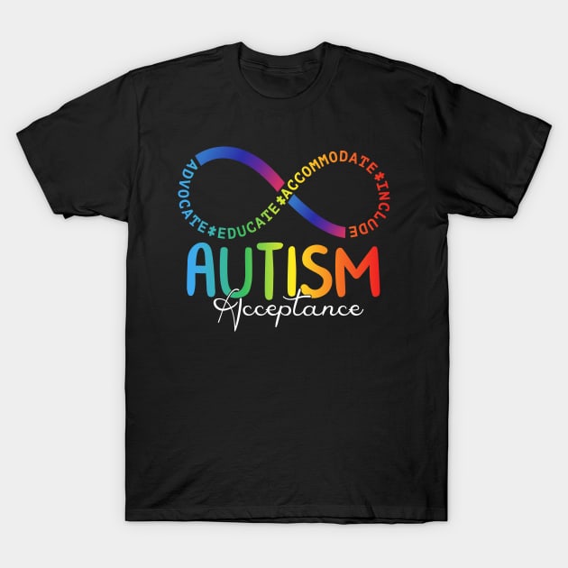 Black t-shirt with colorful infinity symbol and "Autism Acceptance" text, advocating inclusivity and education.