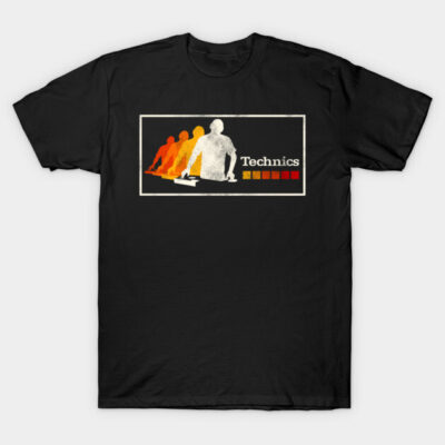 Black T-shirt with retro DJ graphic and vibrant colors, perfect for music enthusiasts. Cotton material, casual style.