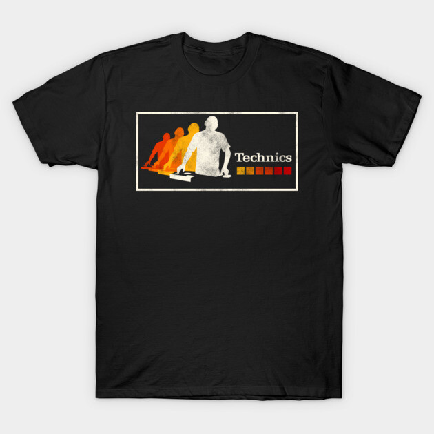 Black T-shirt with retro DJ graphic and vibrant colors, perfect for music enthusiasts. Cotton material, casual style.