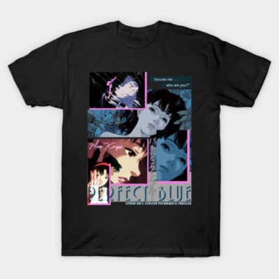 Black graphic t-shirt featuring anime collage design, colorful illustrations, casual wear, cotton material.
