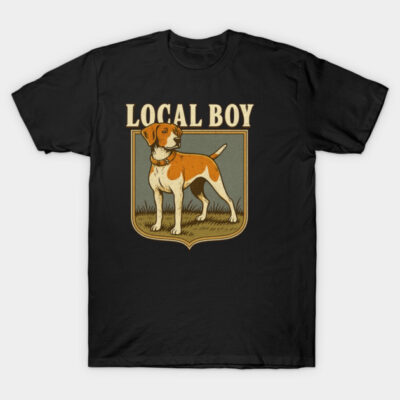 Black t-shirt with "Local Boy" text, featuring vintage-style dog graphic. Casual wear, cotton material, unisex design.