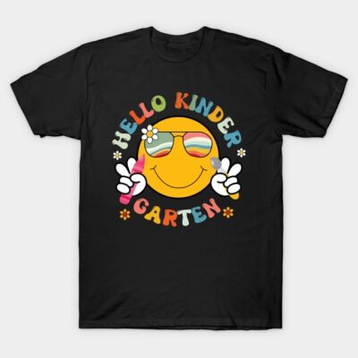 Black kindergarten-themed t-shirt with colorful smiley face design and playful "Hello Kindergarten" text.