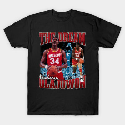 Black t-shirt featuring basketball theme with red and white text and graphics, cotton material, casual sportswear.