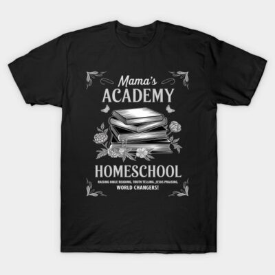 Black "Mama's Academy Homeschool" t-shirt, books and floral design, casual wear, cotton material, educational theme.