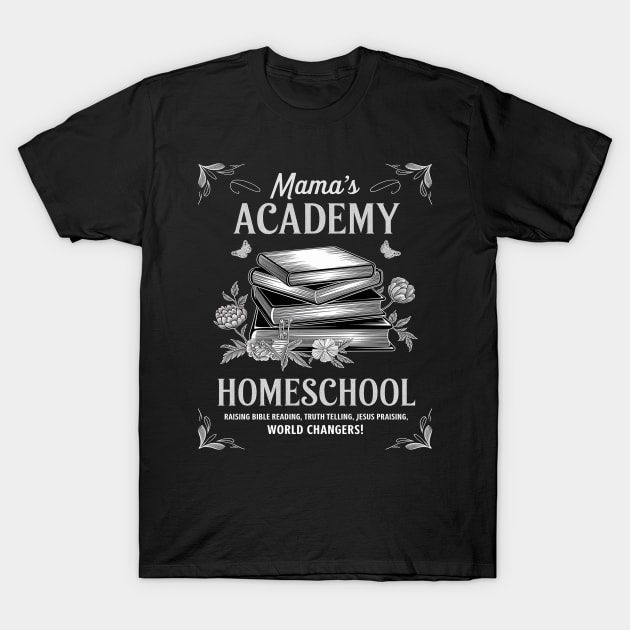 Black "Mama's Academy Homeschool" t-shirt, books and floral design, casual wear, cotton material, educational theme.