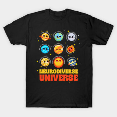 Black T-shirt featuring colorful planets and "Neurodiverse Universe" text, perfect for casual wear and self-expression.