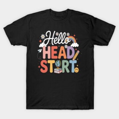 Black t-shirt with colorful "Hello Head Start" design featuring a rainbow, globe, and pencil, perfect for casual wear.