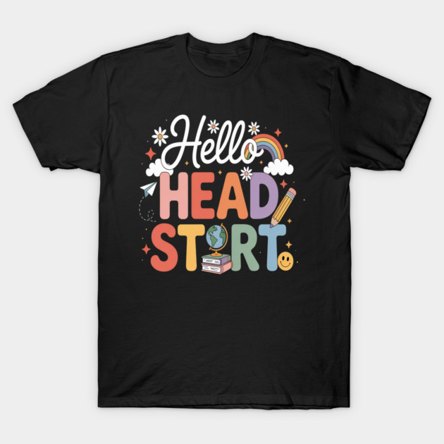 Black t-shirt with colorful "Hello Head Start" design featuring a rainbow, globe, and pencil, perfect for casual wear.