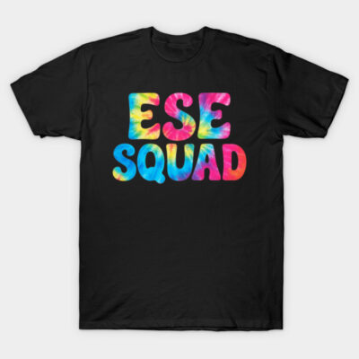 Black t-shirt with vibrant "ESE Squad" tie-dye text design, casual style, perfect for everyday wear.