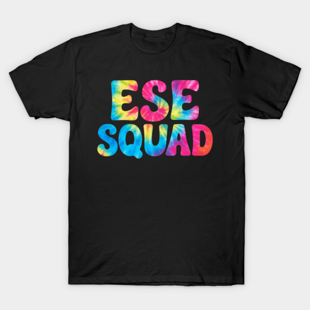 Black t-shirt with vibrant "ESE Squad" tie-dye text design, casual style, perfect for everyday wear.