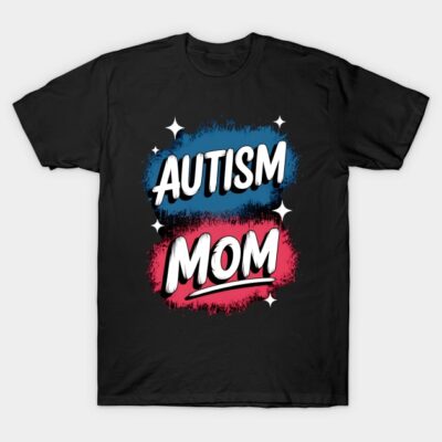 Black "Autism Mom" t-shirt with colorful blue and pink text design, casual cotton tee for awareness and support.