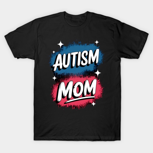 Black "Autism Mom" t-shirt with colorful blue and pink text design, casual cotton tee for awareness and support.