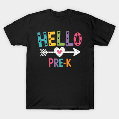 Black t-shirt with colorful "Hello Pre-K" print featuring heart and arrow design, perfect for preschoolers.