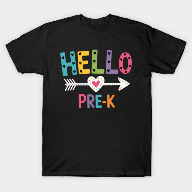 Black t-shirt with colorful "Hello Pre-K" print featuring heart and arrow design, perfect for preschoolers.