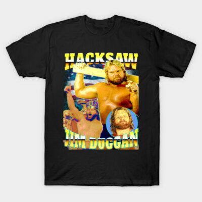 Black graphic T-shirt featuring colorful retro wrestling design, casual wear, cotton material, unisex style.