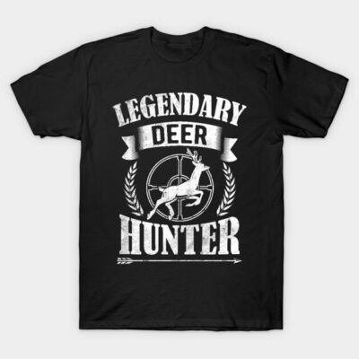 Black "Legendary Deer Hunter" T-shirt, bold white print, casual style, ideal for outdoor enthusiasts, cotton fabric.