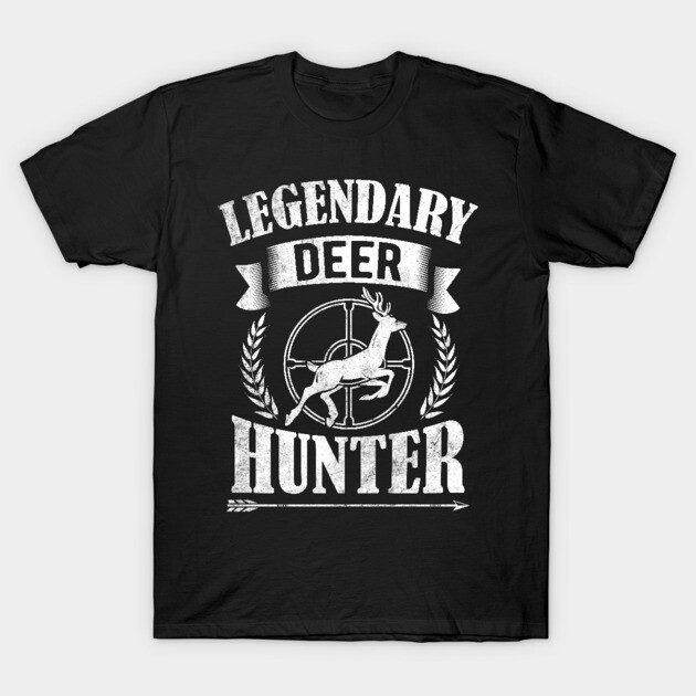 Black "Legendary Deer Hunter" T-shirt, bold white print, casual style, ideal for outdoor enthusiasts, cotton fabric.