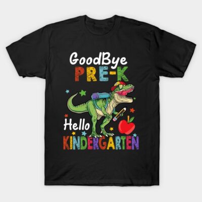 Black children's T-shirt with colorful "Goodbye Pre-K, Hello Kindergarten" dinosaur design, perfect for starting school.