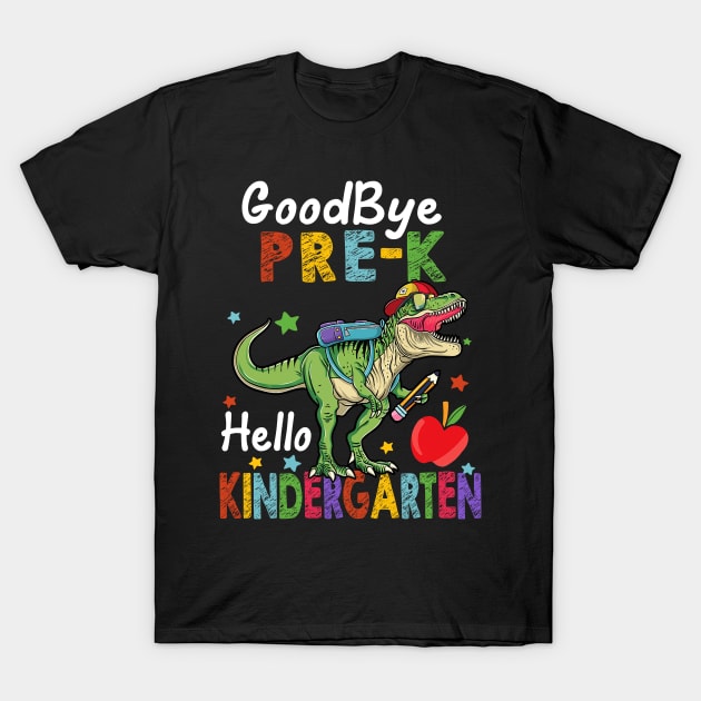 Black children's T-shirt with colorful "Goodbye Pre-K, Hello Kindergarten" dinosaur design, perfect for starting school.