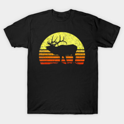 Black t-shirt with vintage sunset and deer silhouette design, casual wear, cotton material.