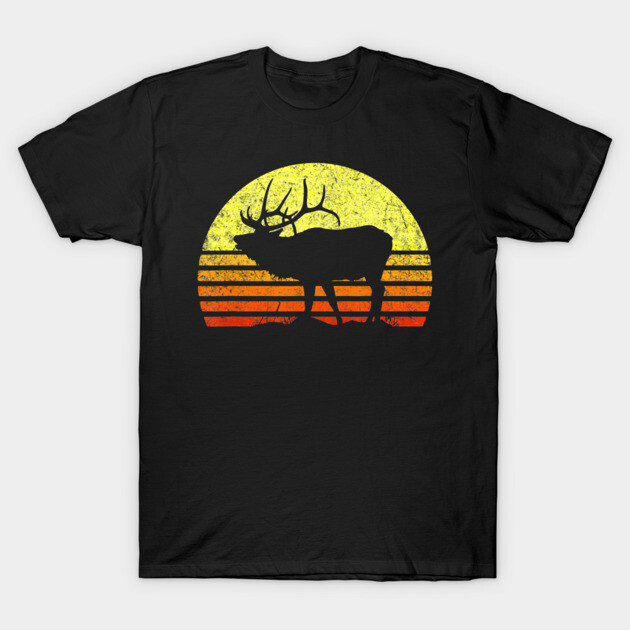 Black t-shirt with vintage sunset and deer silhouette design, casual wear, cotton material.