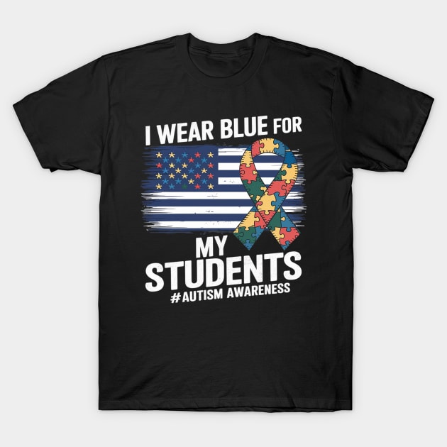 Black autism awareness t-shirt with puzzle ribbon and American flag design, "I Wear Blue for My Students" text.