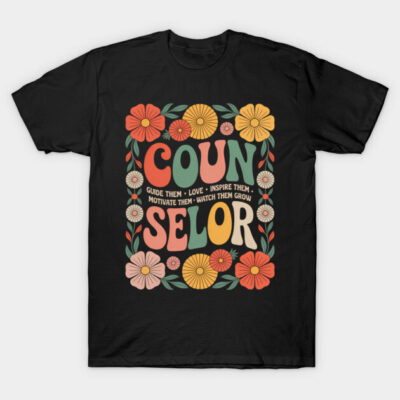 Black t-shirt with colorful retro floral design and "Counselor" text, ideal for casual wear or gifting.