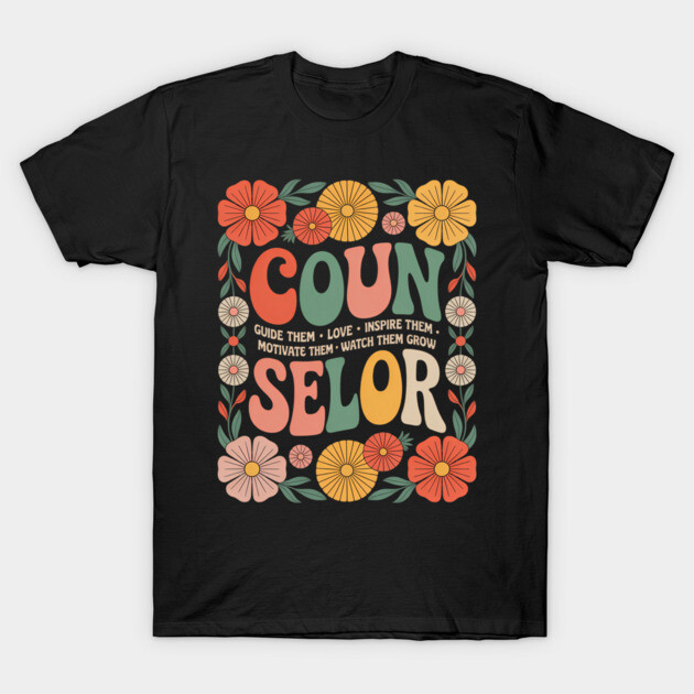 Black t-shirt with colorful retro floral design and "Counselor" text, ideal for casual wear or gifting.