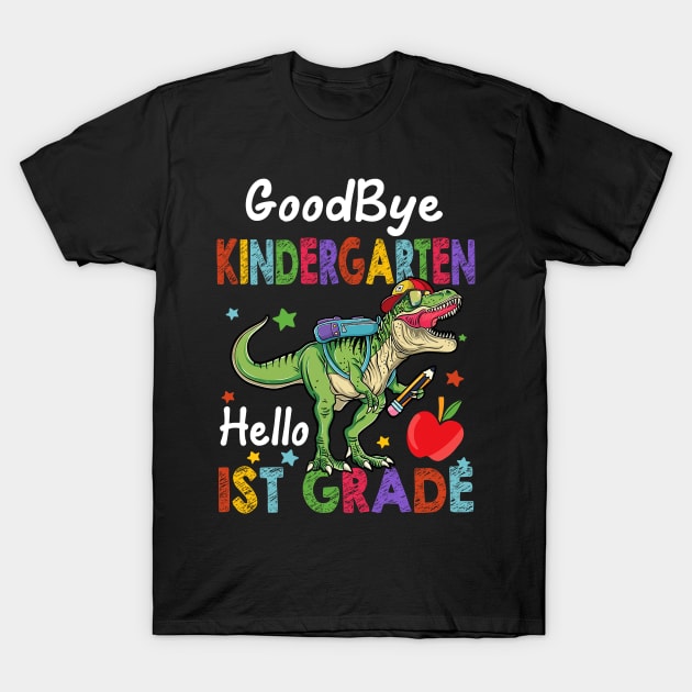 Black t-shirt with colorful dinosaur and "Goodbye Kindergarten, Hello 1st Grade" print for kids.