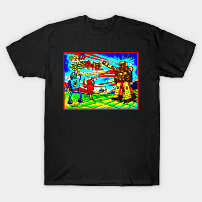 Black t-shirt with colorful retro robot graphic design, perfect for casual wear. Made from soft, breathable cotton.