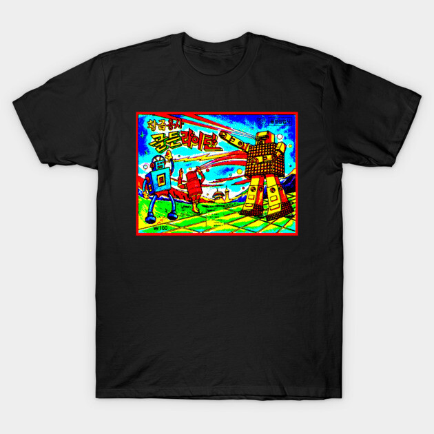 Black t-shirt with colorful retro robot graphic design, perfect for casual wear. Made from soft, breathable cotton.