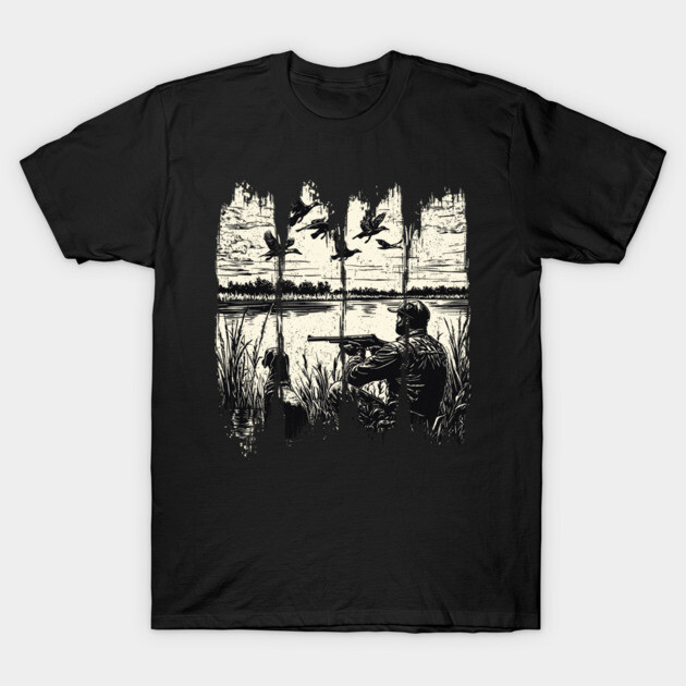 Black cotton t-shirt with hunting scene graphic, featuring birds and landscape, perfect for outdoor enthusiasts.