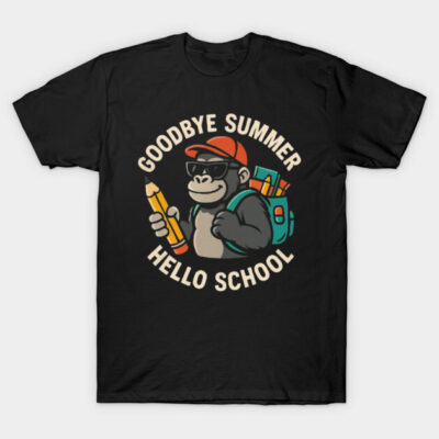 Black t-shirt with "Goodbye Summer Hello School" monkey graphic, casual style, perfect for back-to-school fashion.
