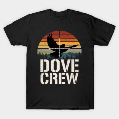 Black "Dove Crew" t-shirt with sunset and forest design, casual cotton apparel for outdoor enthusiasts.