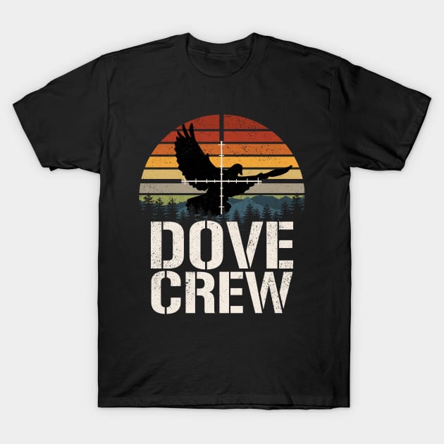 Black "Dove Crew" t-shirt with sunset and forest design, casual cotton apparel for outdoor enthusiasts.