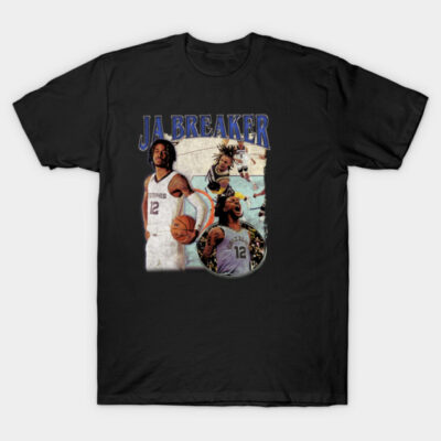 Black graphic t-shirt featuring basketball-themed collage, sporty casual wear, cotton material, unisex style.