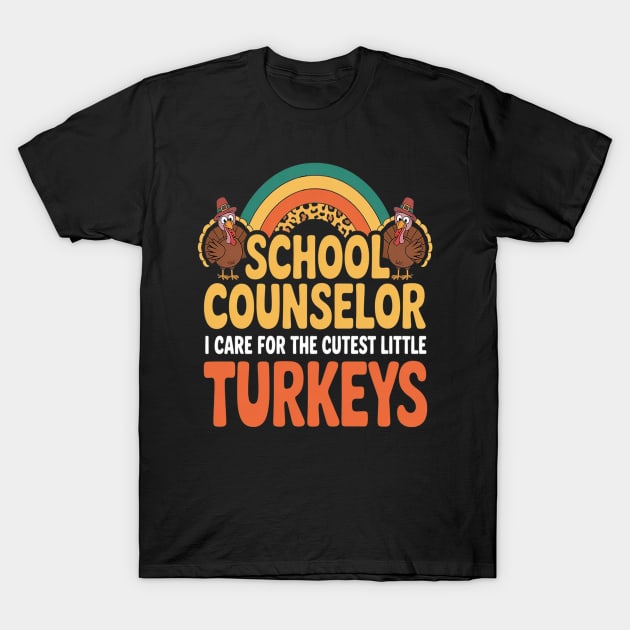 Black "School Counselor" T-shirt with colorful turkey design, humorous text, cotton material, casual wear.