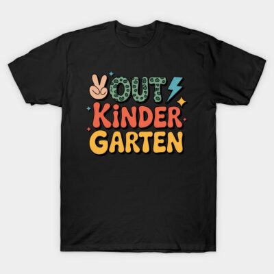 Black t-shirt with colorful "Out Kindergarten" graphic, casual style, cotton material, ideal for school occasions.
