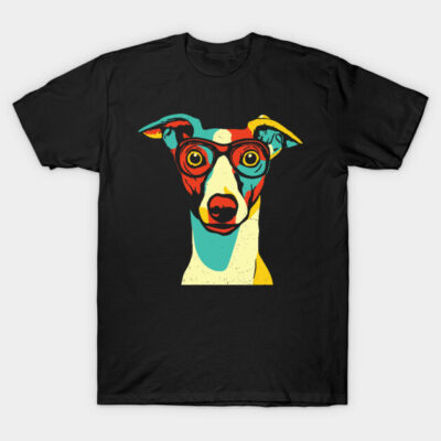 Black t-shirt with colorful pop art dog print, featuring glasses. Casual wear, soft cotton material, unisex design.