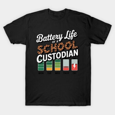 Black school custodian themed t-shirt with battery life graphic design, casual style, cotton material.