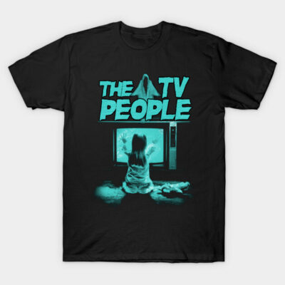 Black graphic t-shirt with "The TV People" design in teal, featuring a vintage TV scene, ideal for casual wear.