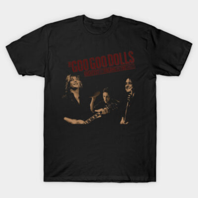 Black t-shirt featuring vintage band graphic, Goo Goo Dolls text, casual unisex style, 100% cotton.