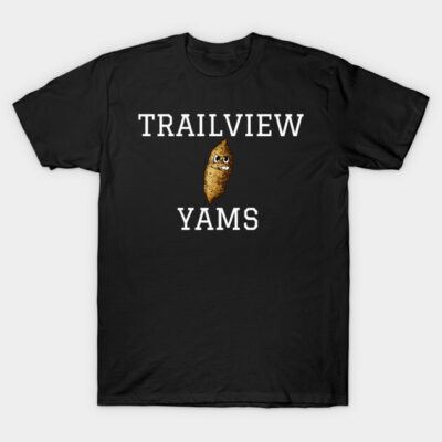 Black "Trailview Yams" T-shirt featuring a cute yam graphic, casual style, soft cotton material, unisex design.